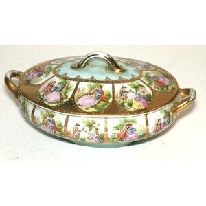 Antique Hand Painted Sauce Tureen Lidded Oval Bowl-Gold Trim Nice